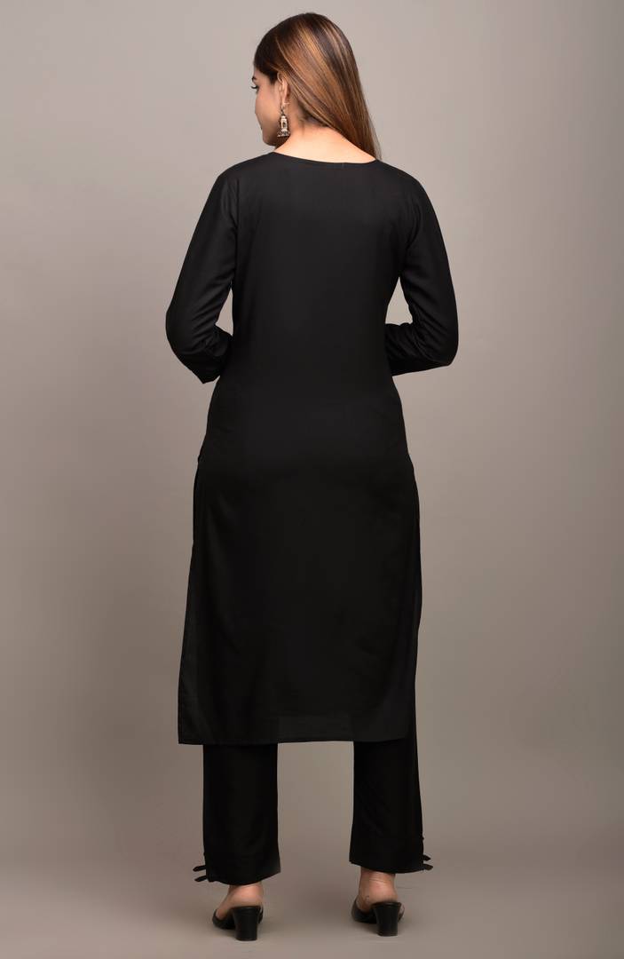 Women Rayon Embroidery Work Black Kurta Pant With Dupatta Set